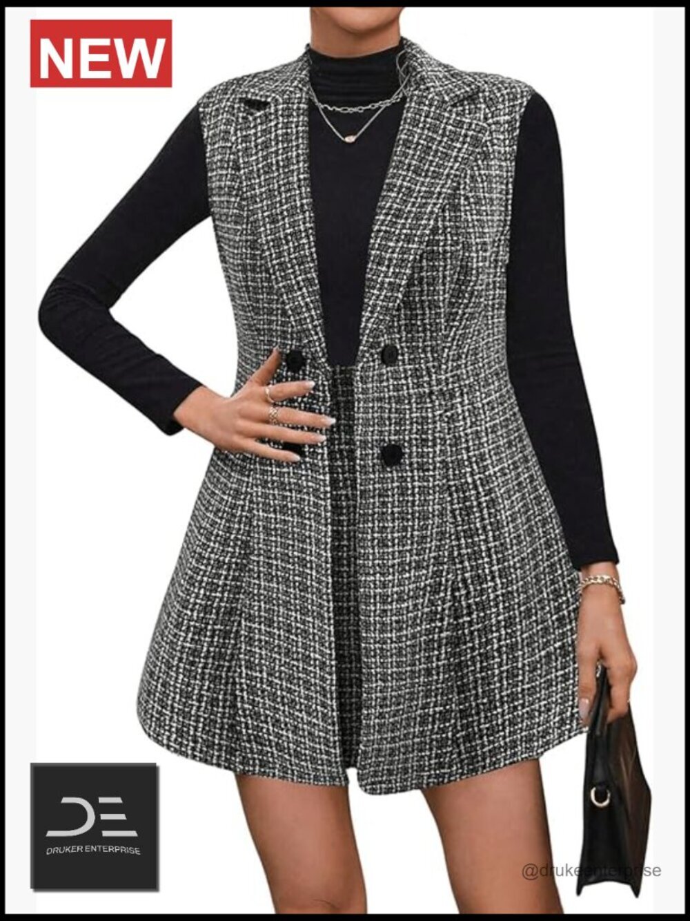 Plaid Print Lapel Neck Vest Blazer and Skirt Set Workwear 2 Piece Outfit